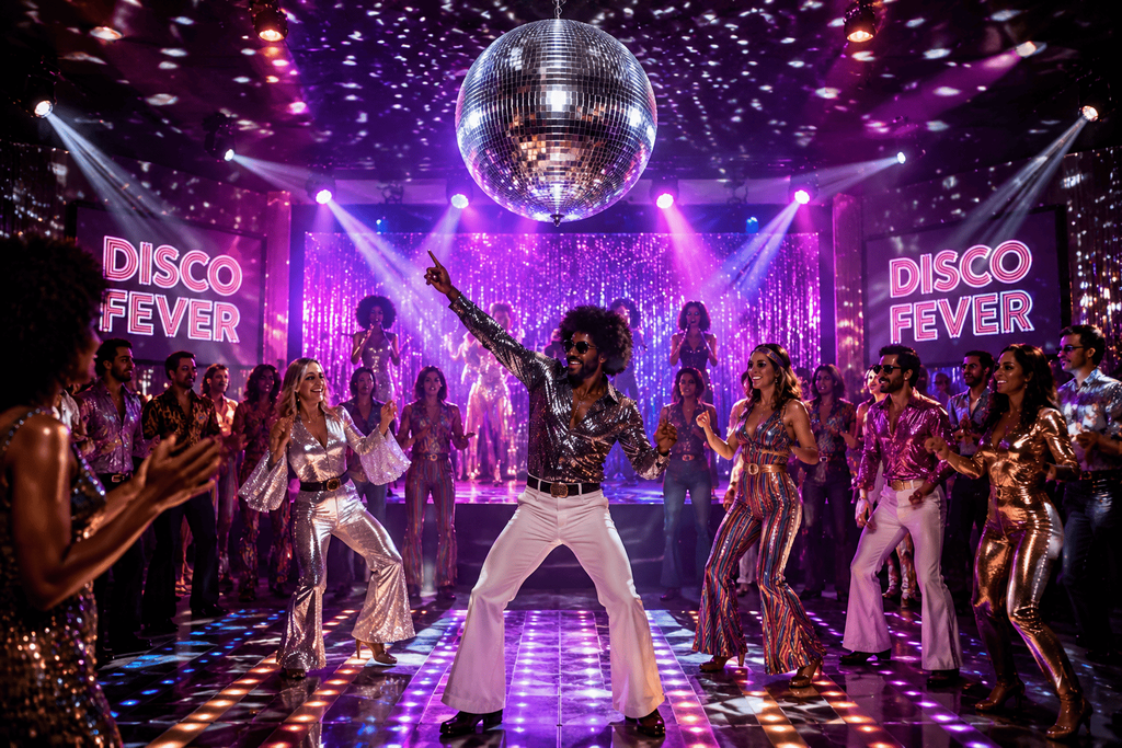 Animation de soirée disco avec invités dansant sous une boule à facettes et lumières colorées
