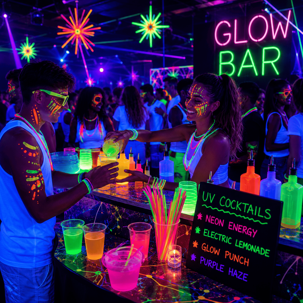 Glow Bar sous lumière noire avec accessoires néon, boissons colorées et invités maquillés en UV