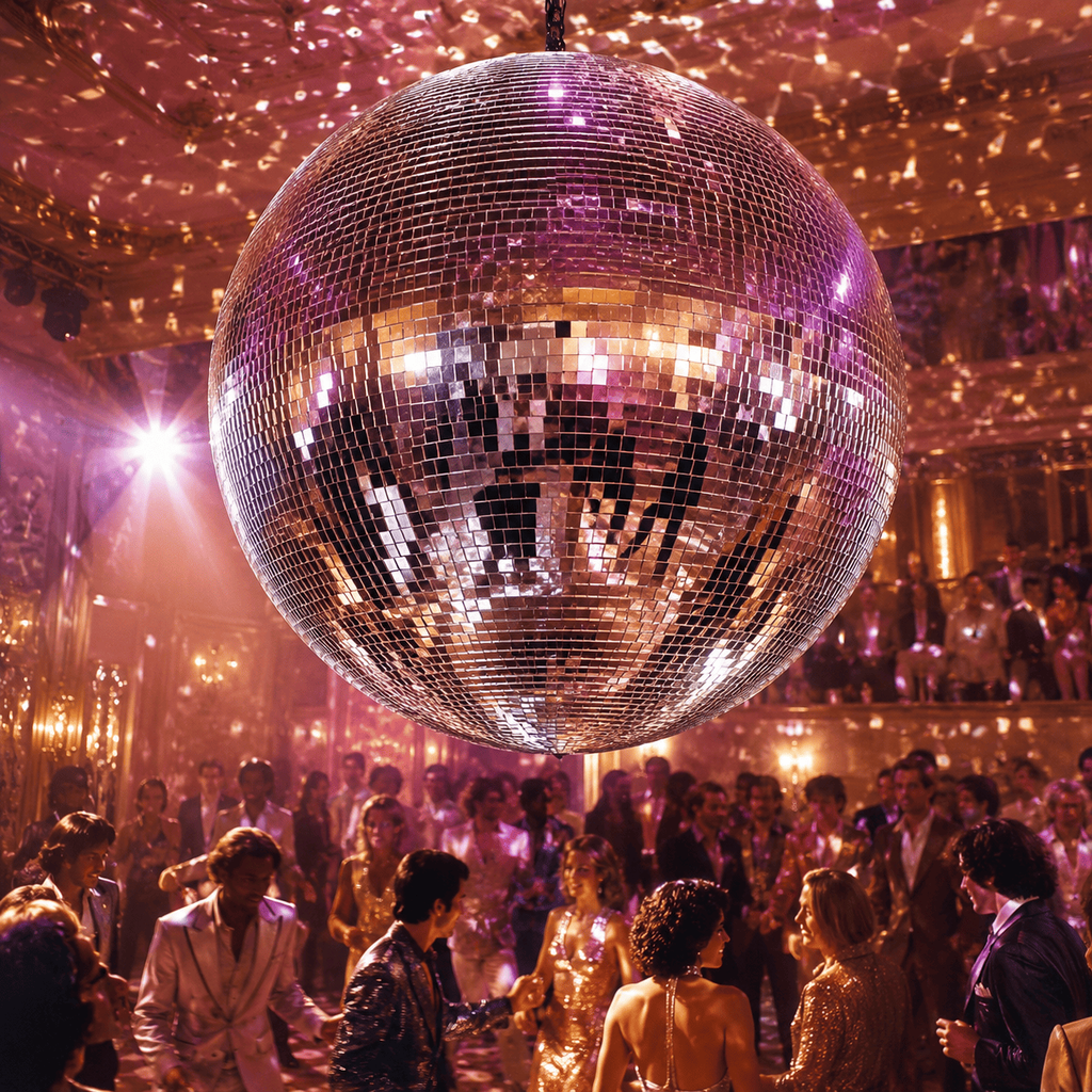 Grande boule à facettes suspendue au-dessus d’une piste de danse disco avec reflets lumineux