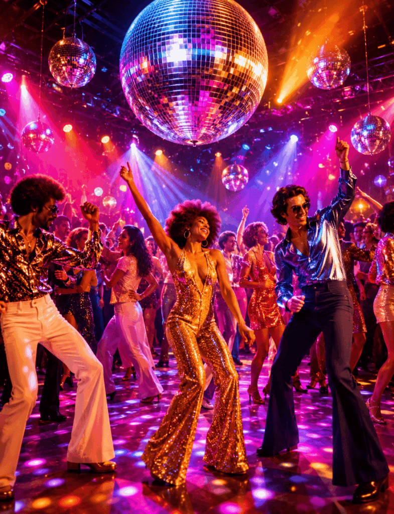 Soirée disco années 70 avec invités en tenues brillantes dansant sous une grande boule à facettes