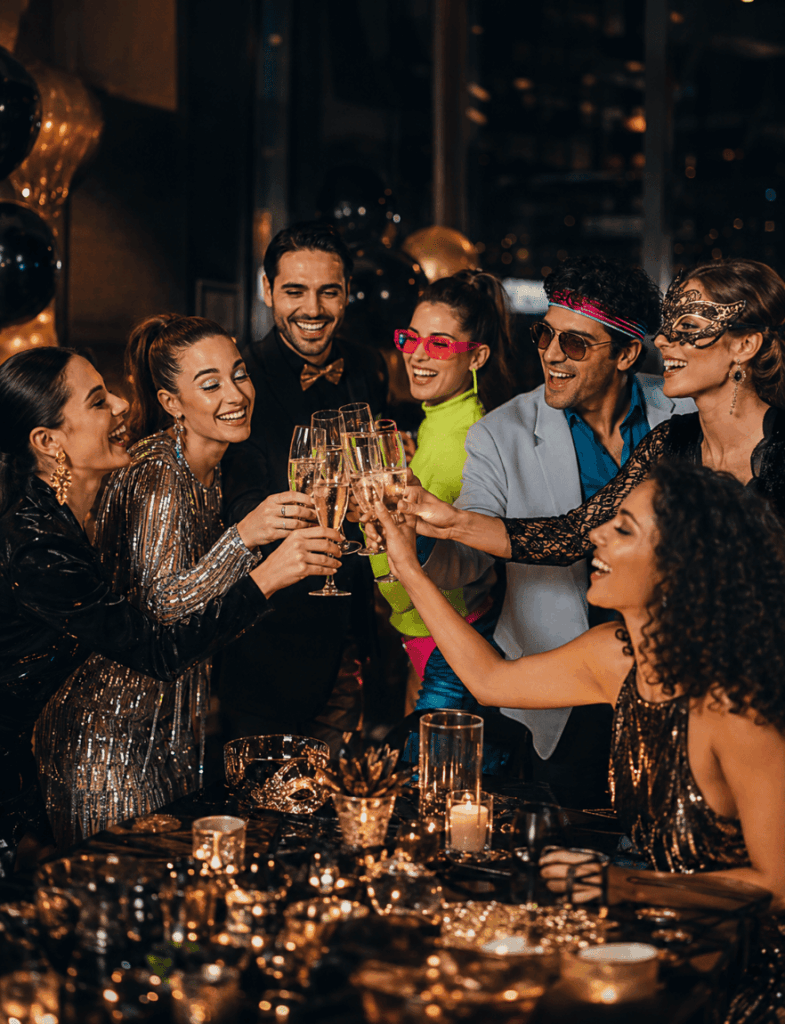 Groupe d’amis célébrant le Nouvel An avec des looks fluo, pailletés, rétro et bal masqué
