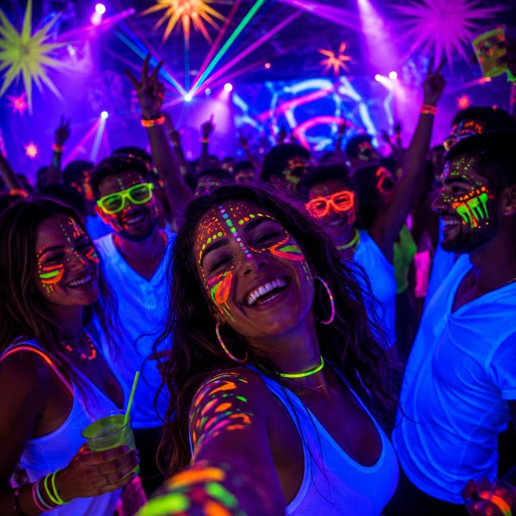 Groupe d’amis en soirée fluo sous lumière noire avec maquillages UV, vêtements blancs et accessoires néon