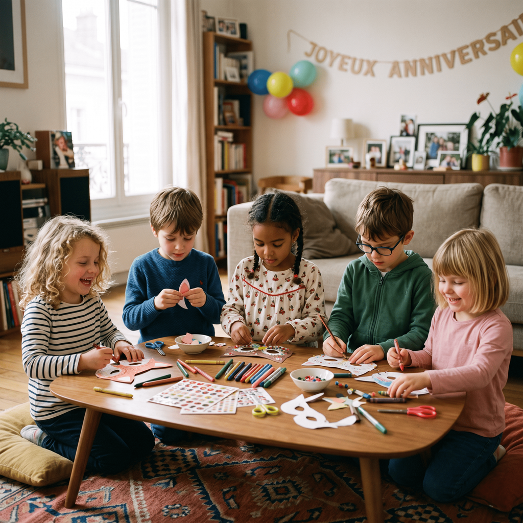 Enfants participant à une activité créative pendant un anniversaire à la maison dans un salon