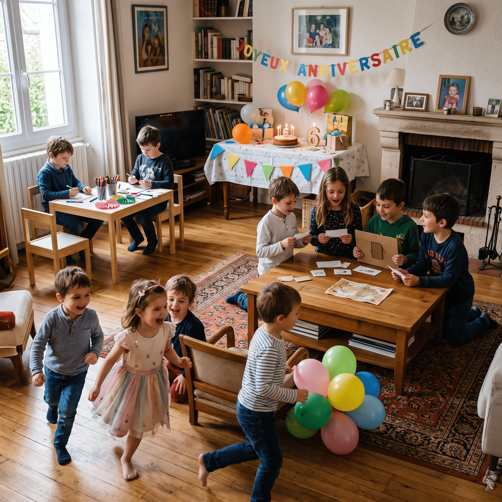 Enfants alternant jeu dynamique, activité collective et moment calme pendant un anniversaire à la maison