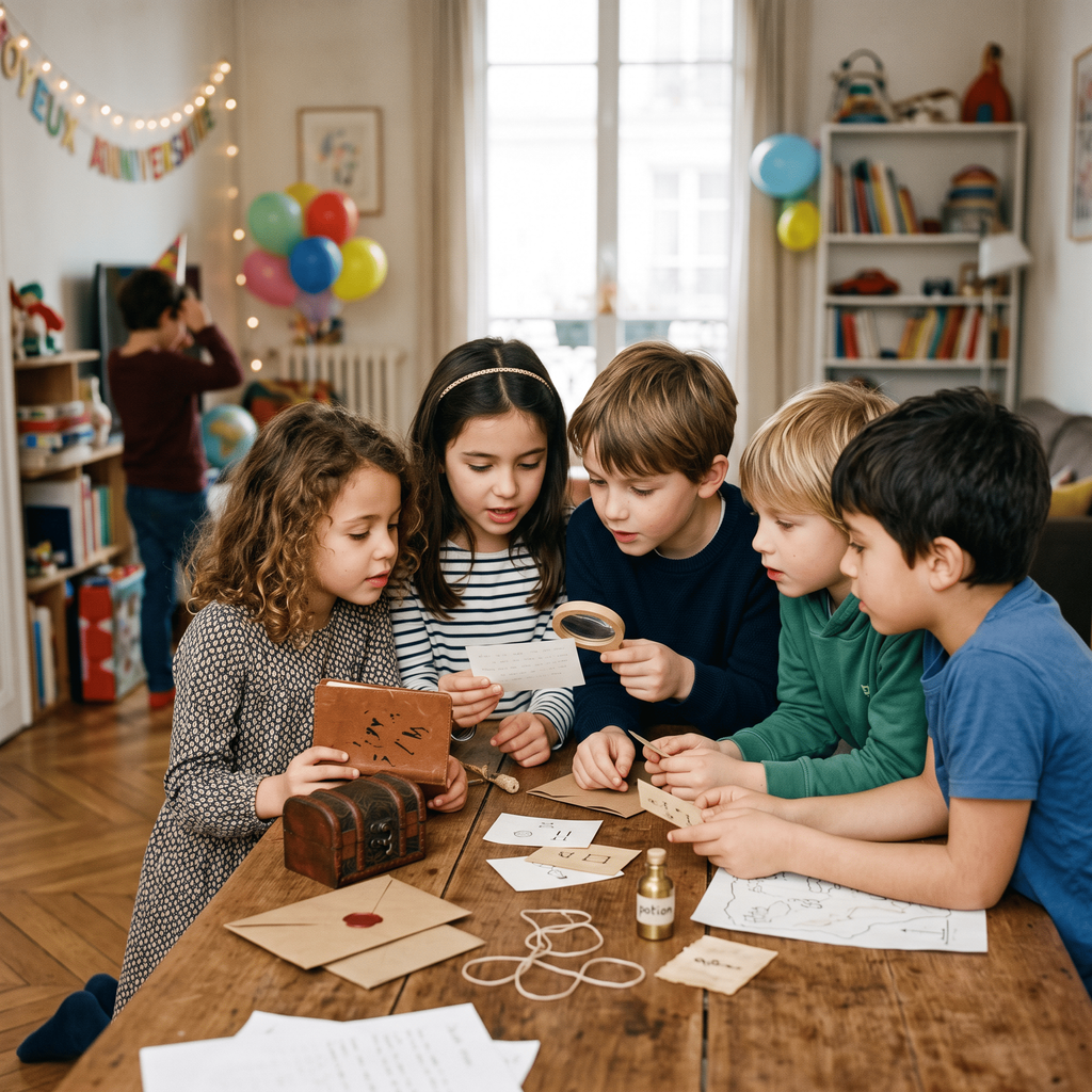 Enfants de 7 à 9 ans résolvant des indices pendant un anniversaire sur le thème de la magie ou de l’enquête