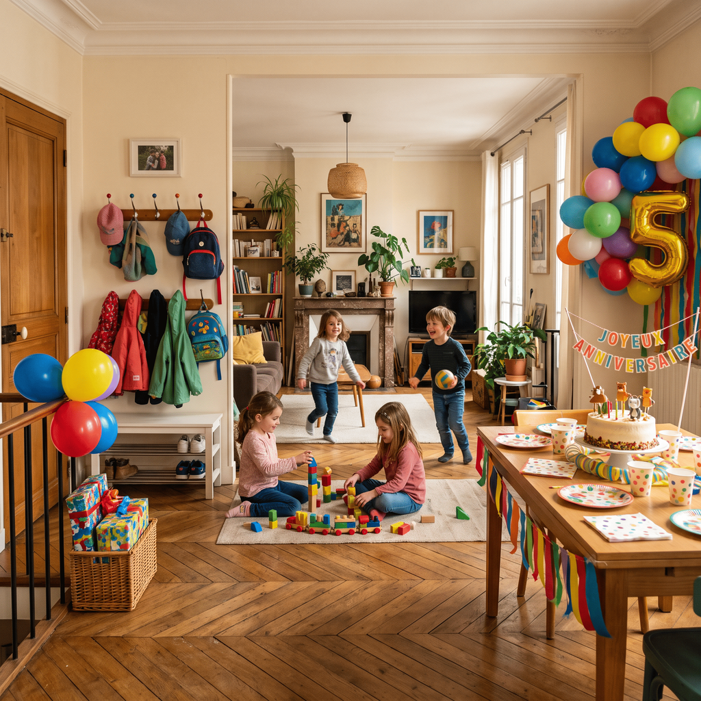 Salon organisé en trois zones pour un anniversaire enfant à la maison : accueil, jeux et table du gâteau