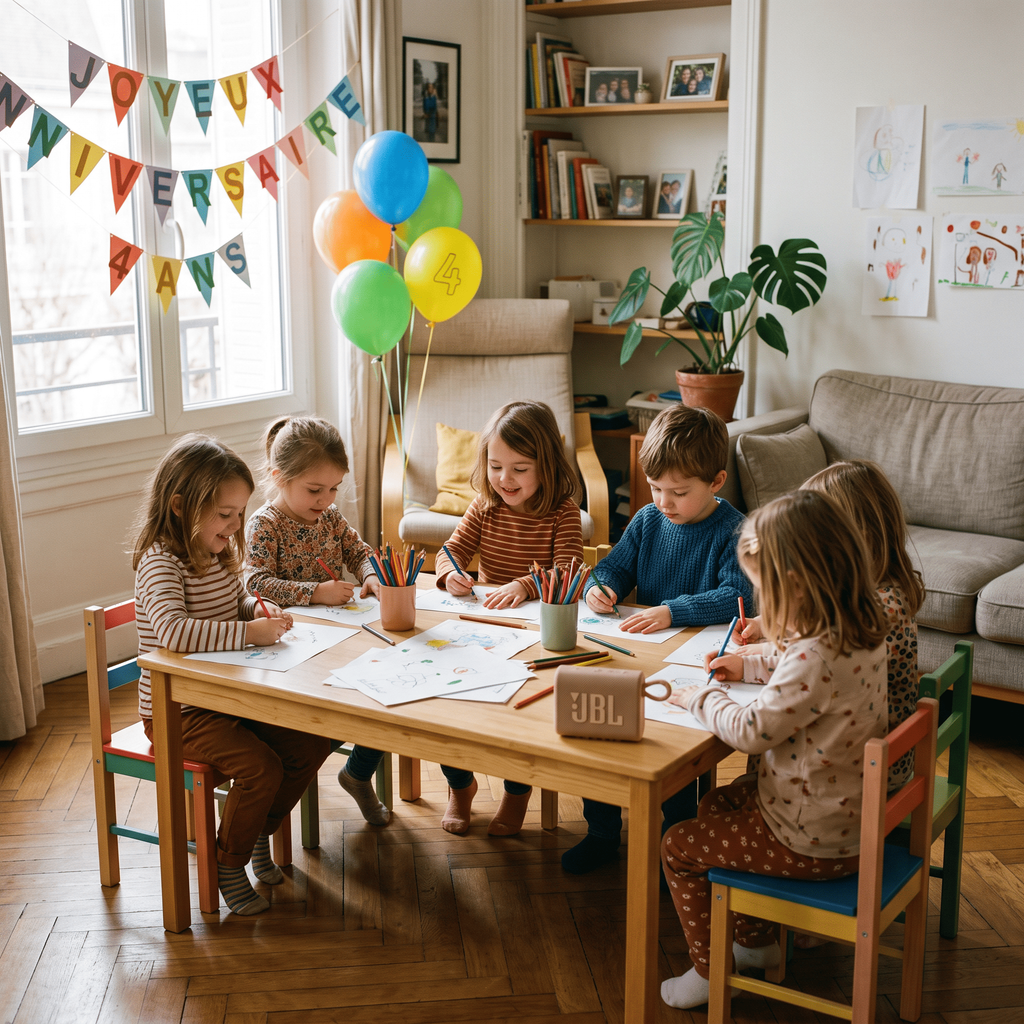 Anniversaire enfant simple à la maison avec musique, ballons, feuilles et crayons dans un salon