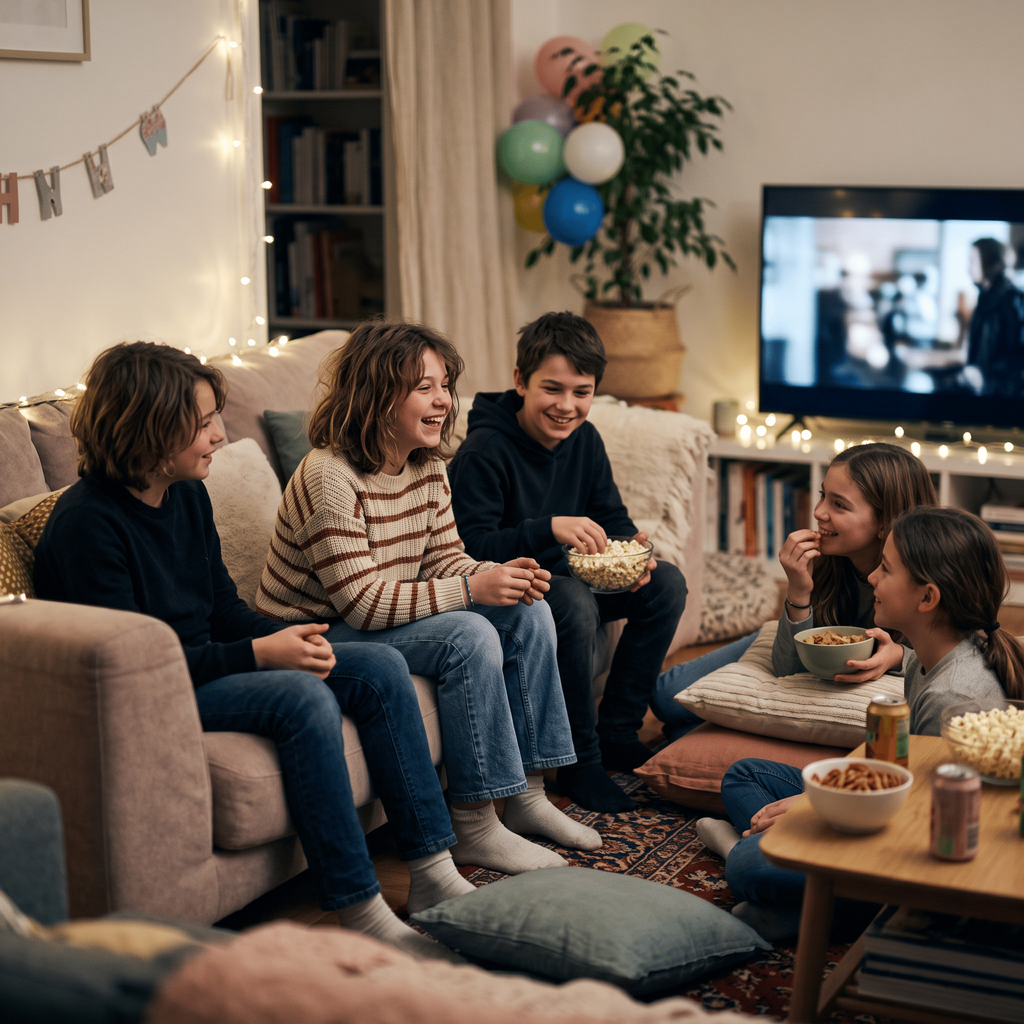 Préadolescents réunis pendant un anniversaire autour d’une soirée cinéma ou d’une mini-disco