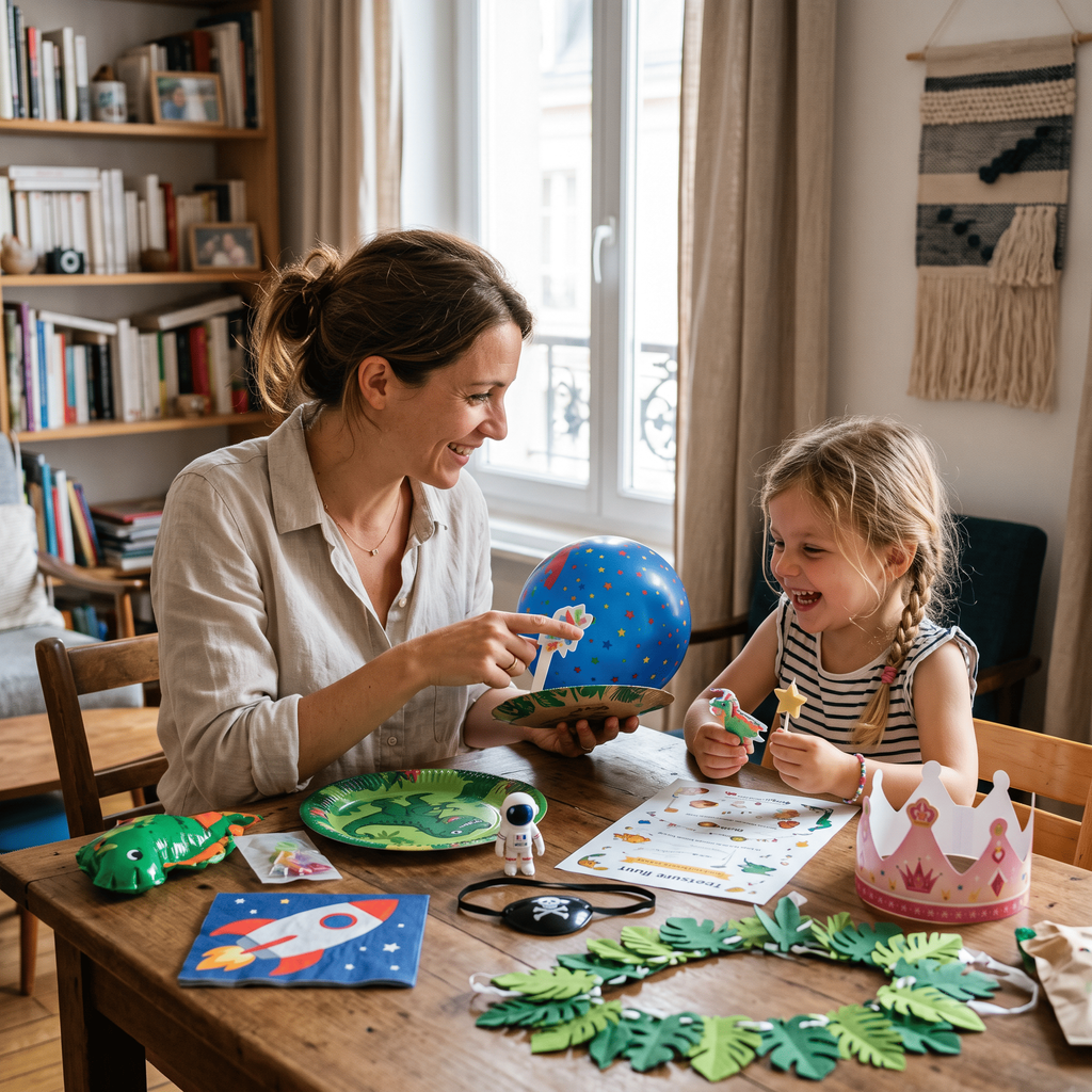 Parent et enfant choisissant ensemble des éléments de décoration pour un thème d’anniversaire