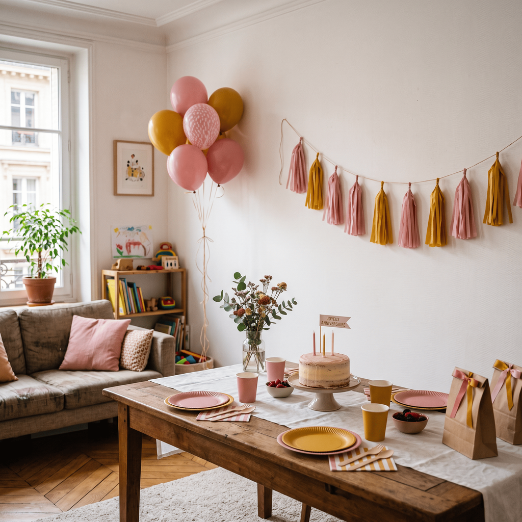 Décoration d’anniversaire enfant petit budget avec un seul mur décoré et deux couleurs assorties