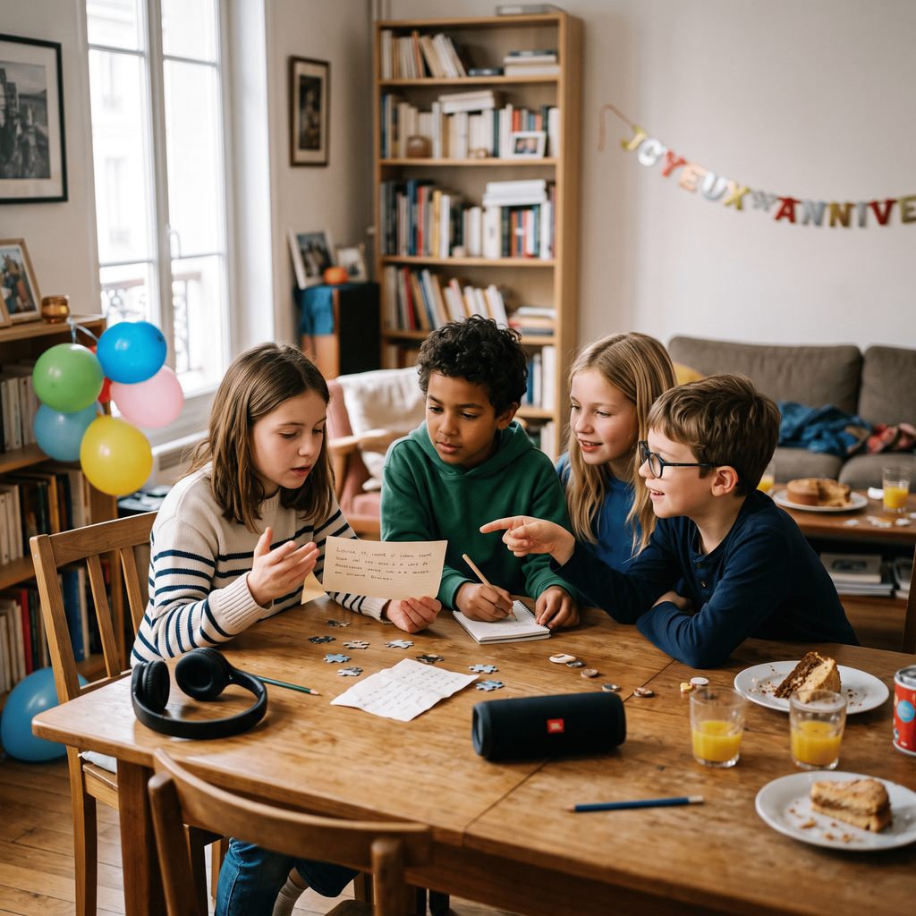 Préadolescents de 9 à 12 ans résolvant ensemble une énigme pendant un anniversaire à la maison