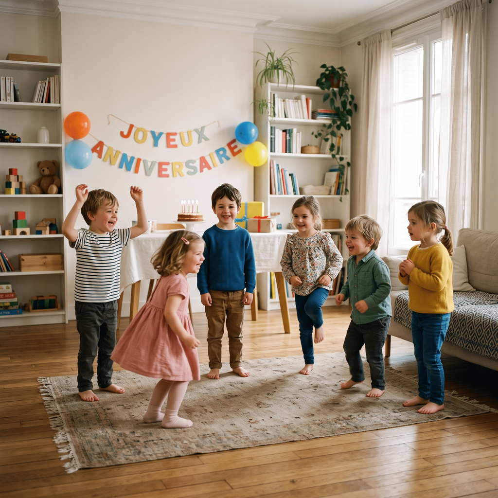 Jeunes enfants jouant aux statues musicales pendant un anniversaire dans un salon dégagé et sécurisé