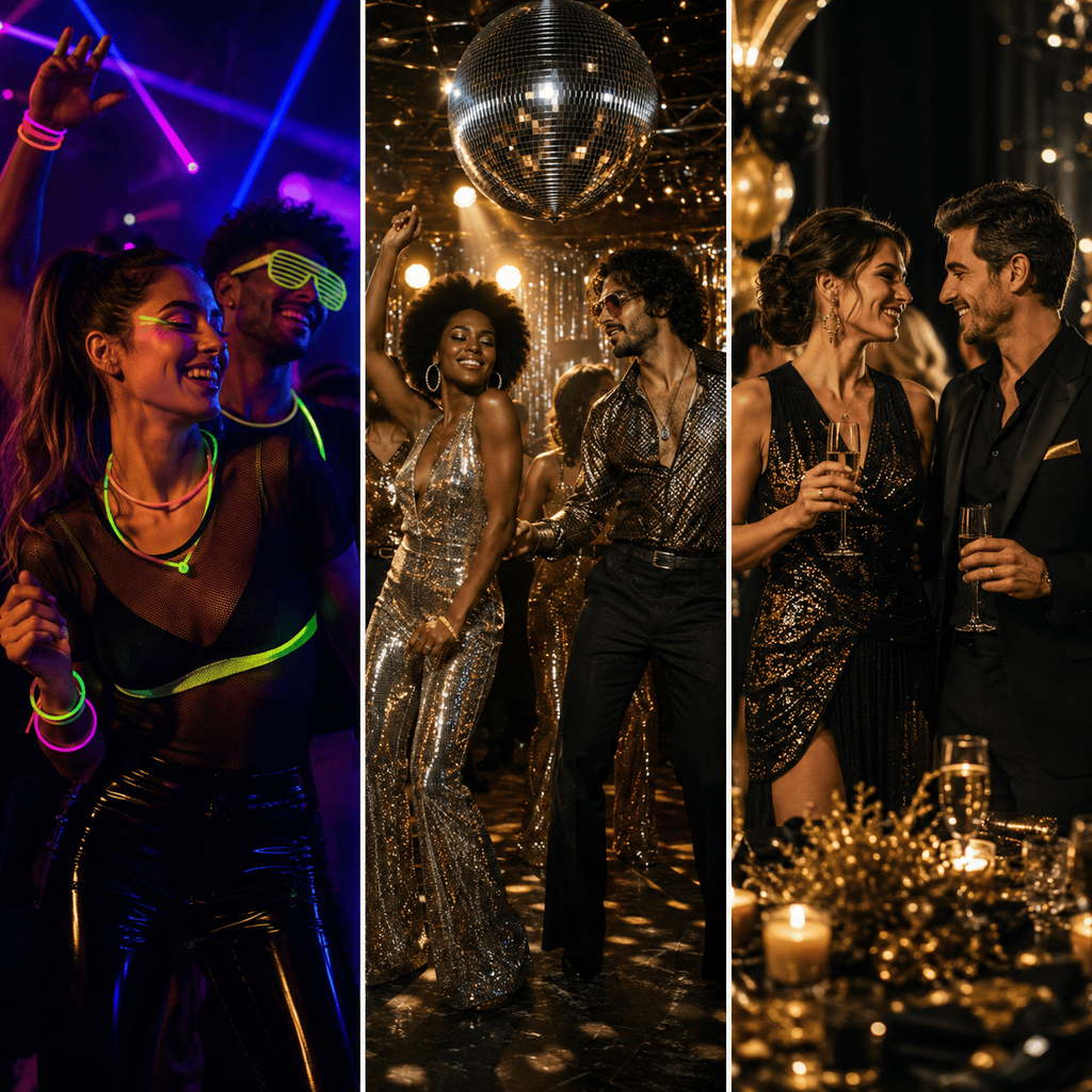 Texte alternatif : Thèmes de soirée du Nouvel An fluo, disco et noir et or