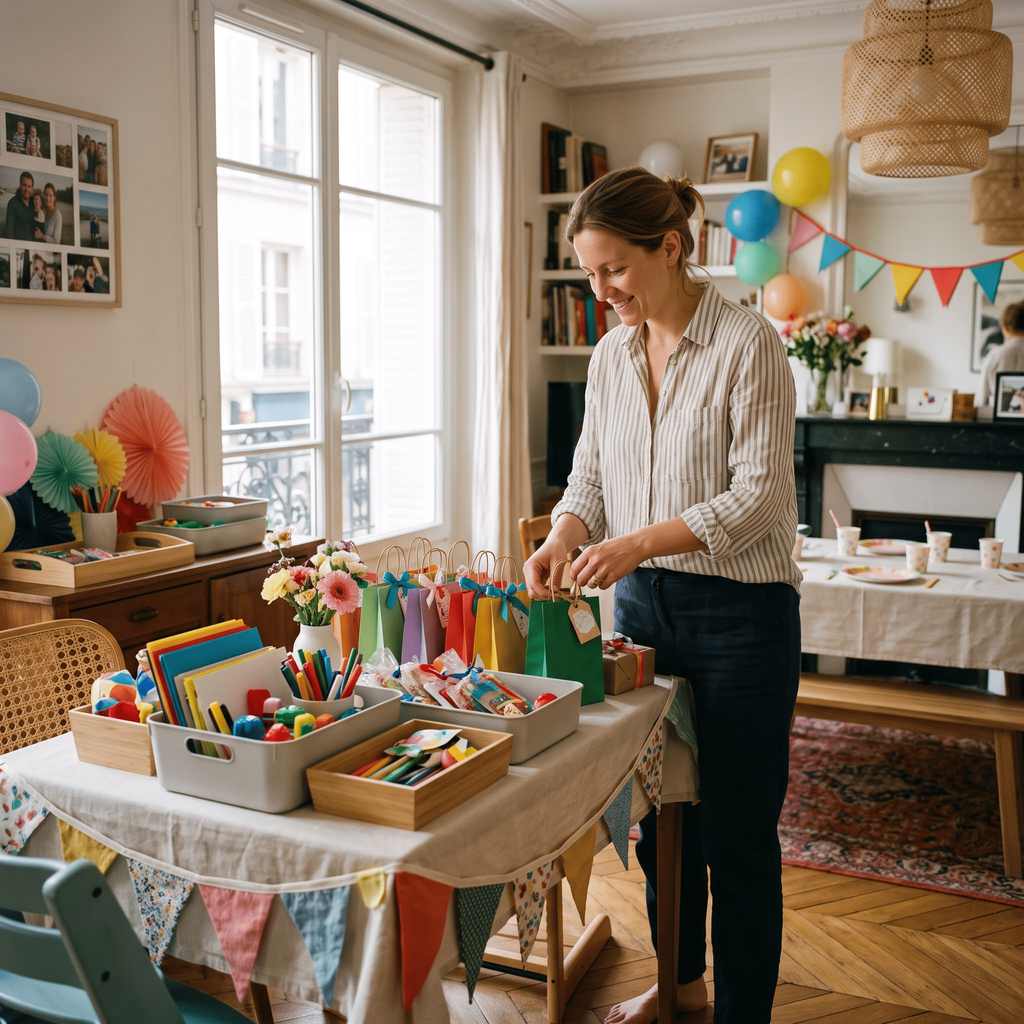 Parent terminant les préparatifs d’un anniversaire enfant à la maison avec activités et pochettes surprises
