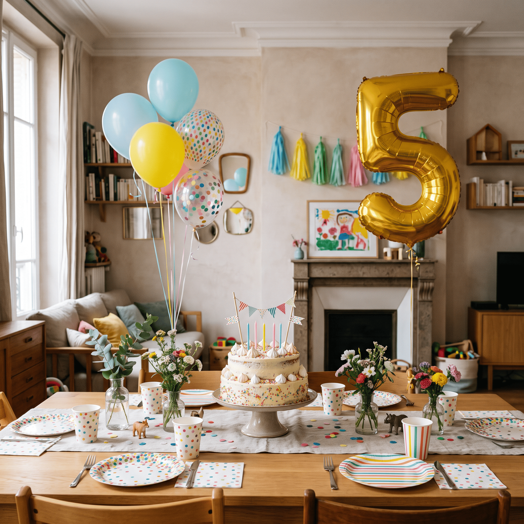 Table d’anniversaire enfant avec gâteau, vaisselle assortie, ballon chiffre et décoration murale