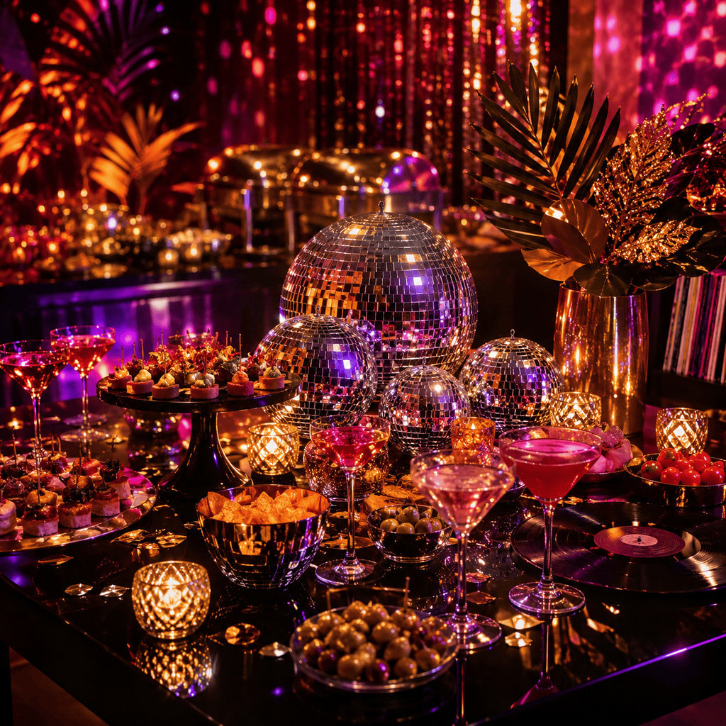 Table et buffet disco décorés avec plusieurs boules à facettes, éléments brillants et ambiance festive