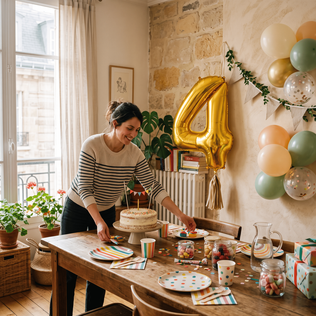 Parent préparant la table du gâteau pour un anniversaire enfant à la maison avec ballons et décoration